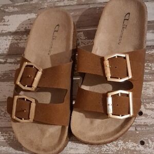 CL Laundry Brown Sandals with Gold Buckles